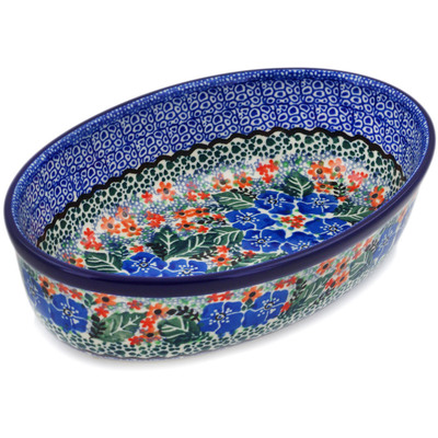 Polish Pottery Oval Baker 8&quot; Blue Star Flowers UNIKAT