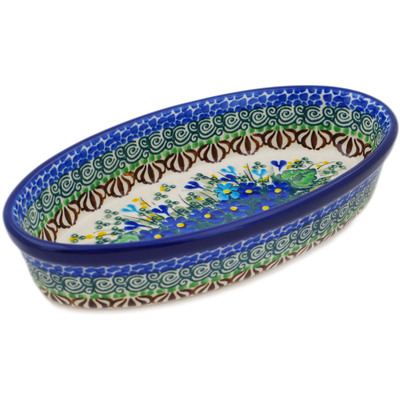 Polish Pottery Oval Baker 8&quot; Blue Violet Garden UNIKAT