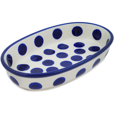 Polish Pottery Oval Baker 8&quot; Bold Blue Dots