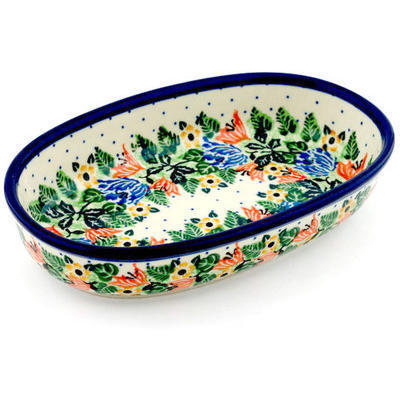 Polish Pottery Oval Baker 8&quot; Dotted Floral Wreath UNIKAT