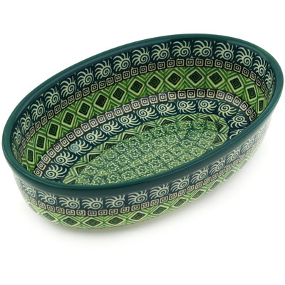 Polish Pottery Oval Baker 8" Olive Aztek