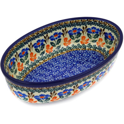 Polish Pottery Oval Baker 8&quot; Orange And Blue Delight