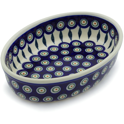 Polish Pottery Oval Baker 8&quot; Peacock Leaves
