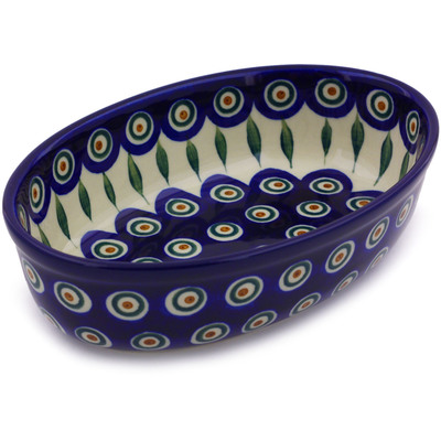 Polish Pottery Oval Baker 8&quot; Peacock Leaves