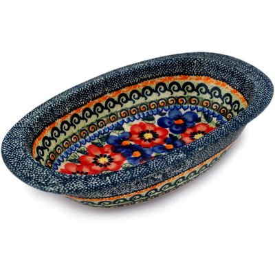 Polish Pottery Oval Baker 9&quot; Blue And Red Poppies UNIKAT