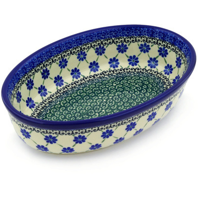 Polish Pottery Oval Baker 9&quot; Blue Daisies