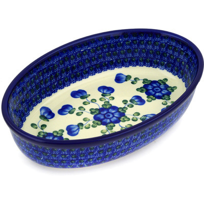 Polish Pottery Oval Baker 9&quot; Blue Poppies