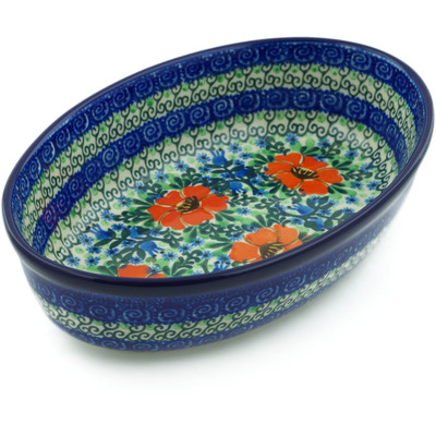 Polish Pottery Oval Baker 9&quot; Bluebells And Lace UNIKAT