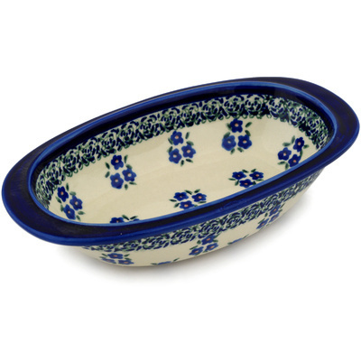 Polish Pottery Oval Baker 9&quot; Forget Me Not Dots