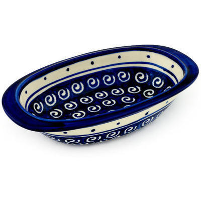 Polish Pottery Oval Baker 9&quot; Ocean Swirl