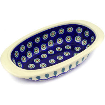 Polish Pottery Oval Baker 9&quot; Peacock Leaves