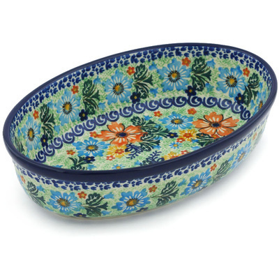 Polish Pottery Oval Baker 9&quot; Red Floral Delight UNIKAT