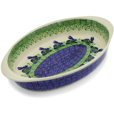 Polish Pottery Oval Baker with Handles 12&quot; Hare In Tall Grass