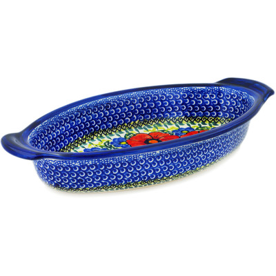 Polish Pottery Oval Baker with Handles 12&quot; Red Star UNIKAT