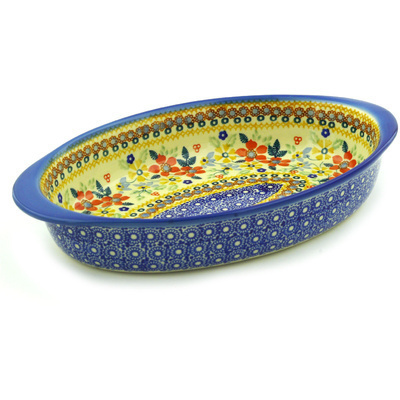Polish Pottery Oval Baker with Handles 12&quot; Summer Bouquet UNIKAT