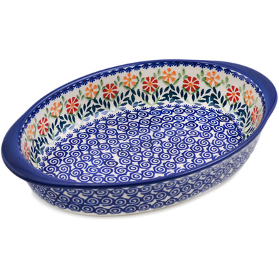 Polish Pottery Oval Baker with Handles 12&quot; Wave Of Flowers