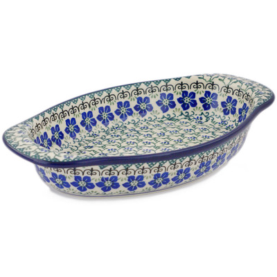 Polish Pottery Oval Baker with Handles 13&quot; Blue Dogwood