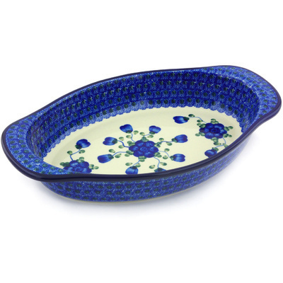 Polish Pottery Oval Baker with Handles 13&quot; Blue Poppies