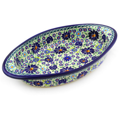 Polish Pottery Oval Baker with Handles 13&quot; Blue Summer Garden