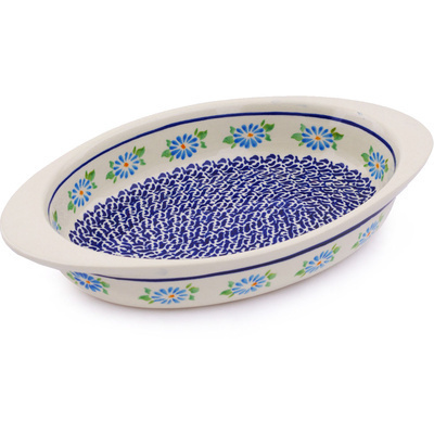 Polish Pottery Oval Baker with Handles 13&quot; Blue Summer