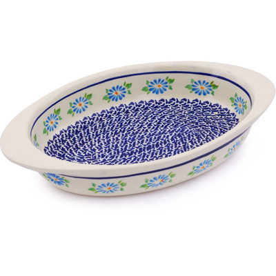Polish Pottery Oval Baker with Handles 13" Blue Summer