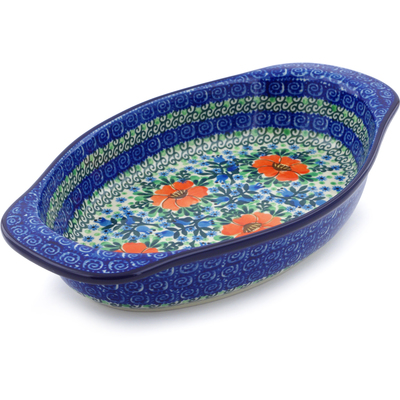 Polish Pottery Oval Baker with Handles 13&quot; Bluebells And Lace UNIKAT
