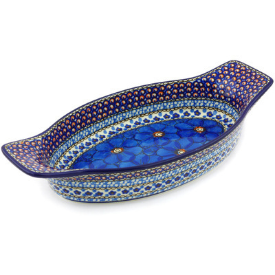 Polish Pottery Oval Baker with Handles 13&quot; Cobalt Poppies UNIKAT