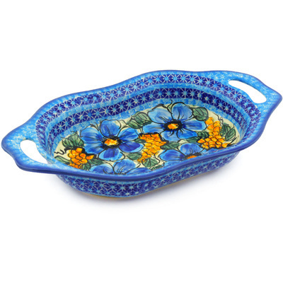 Polish Pottery Oval Baker with Handles 13&quot; Corn In The Blue UNIKAT