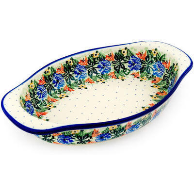 Polish Pottery Oval Baker with Handles 13&quot; Dotted Floral Wreath UNIKAT