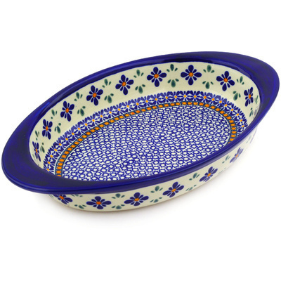 Polish Pottery Oval Baker with Handles 13&quot; Gangham Flower Chain