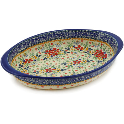 Polish Pottery Oval Baker with Handles 13&quot; Ruby Bouquet UNIKAT