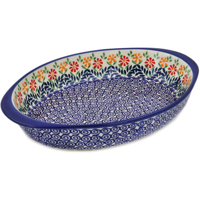 Polish Pottery Oval Baker with Handles 13&quot; Wave Of Flowers