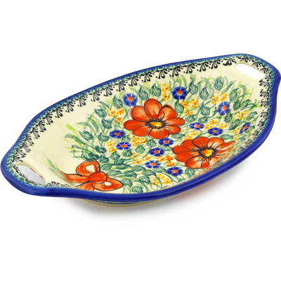 Polish Pottery Oval Baker with Handles 13&quot; Wild Bouquet UNIKAT