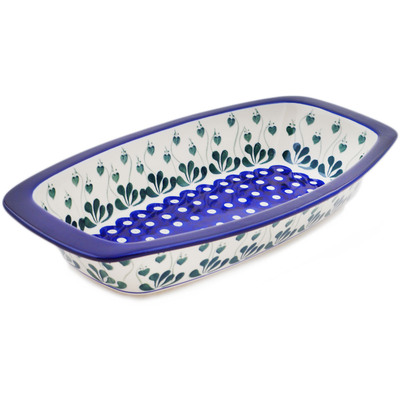 Polish Pottery Oval Baker with Handles 14&quot; Bleeding Heart Peacock