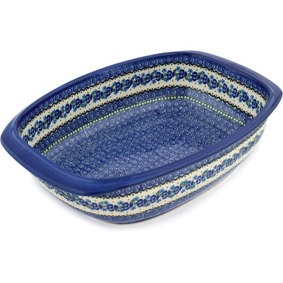 Polish Pottery Oval Baker with Handles 14&quot; Blue Bud Sea