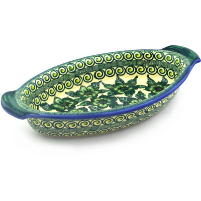 Polish Pottery Oval Baker with Handles 14&quot; Gratuitous Greens UNIKAT