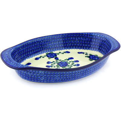 Polish Pottery Oval Baker with Handles 15&quot; Blue Poppies