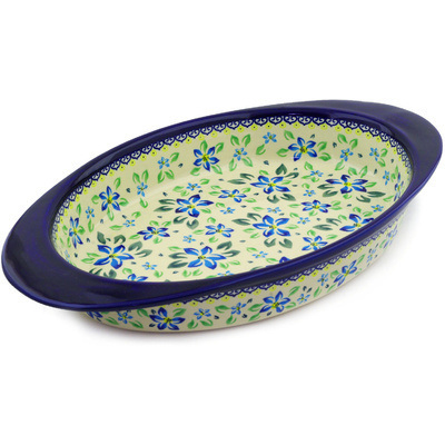 Polish Pottery Oval Baker with Handles 17&quot; Blue Clematis