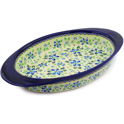 Polish Pottery Oval Baker with Handles 17" Blue Clematis