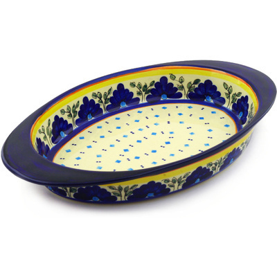 Polish Pottery Oval Baker with Handles 17&quot; Blue Diamond Flowers