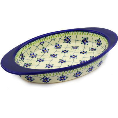 Polish Pottery Oval Baker with Handles 17&quot; Gingham Trellis