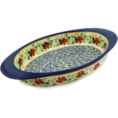 Polish Pottery Oval Baker with Handles 17&quot; Nightingale Flower