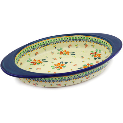 Polish Pottery Oval Baker with Handles 17&quot; Orange Clematis