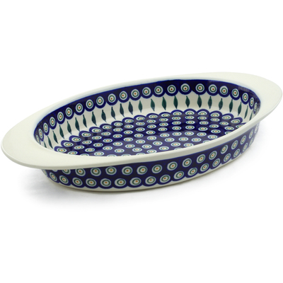 Polish Pottery Oval Baker with Handles 17&quot; Peacock Leaves