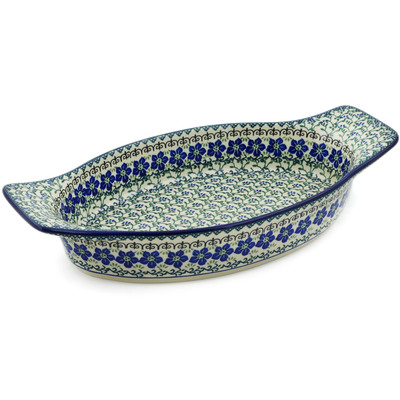 Polish Pottery Oval Baker with Handles 18&quot; Blue Dogwood