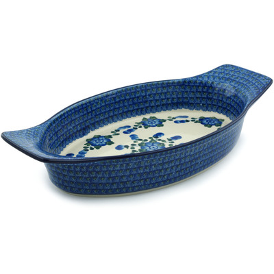 Polish Pottery Oval Baker with Handles 18&quot; Blue Poppies