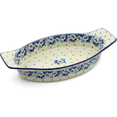 Polish Pottery Oval Baker with Handles 18" Blue Spring