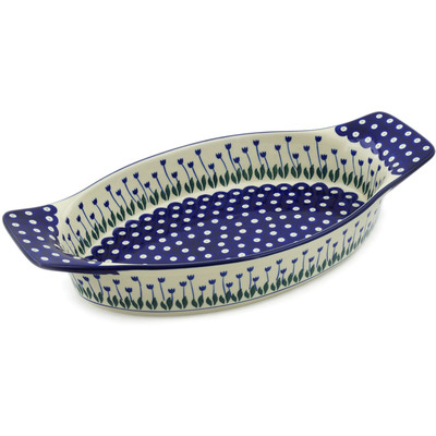 Polish Pottery Oval Baker with Handles 18&quot; Blue Tulip Peacock