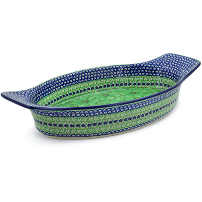 Polish Pottery Oval Baker with Handles 18&quot; Key Lime Dreams UNIKAT