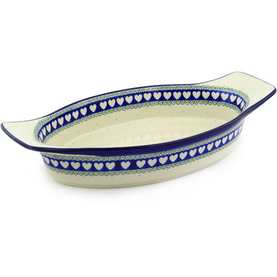 Polish Pottery Oval Baker with Handles 18&quot; Light Hearted